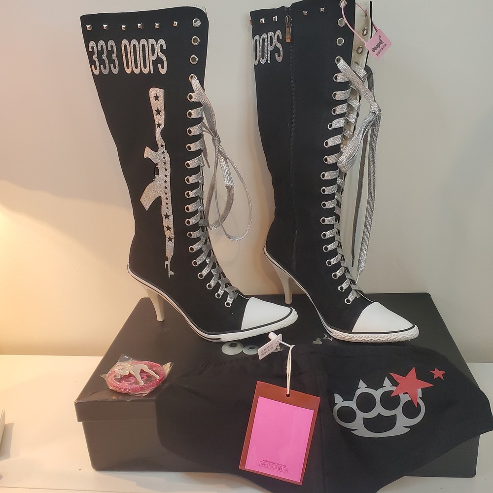 OOOPS 333 Knee High Sneaker Boots Stiletto Heel Black Silver Glitter with Shorts